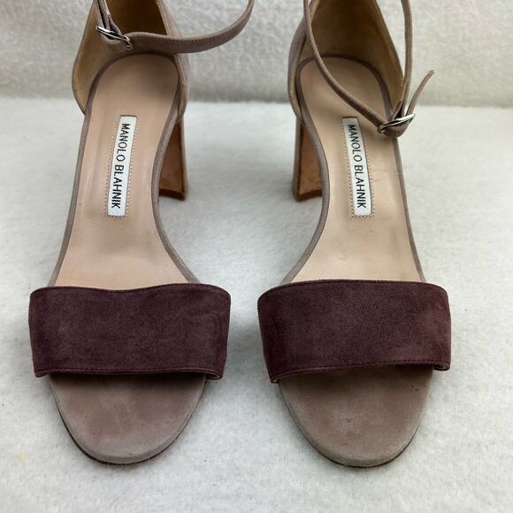 Authentic Manolo Blahnik Brown Gray Suede Strappy Sandal Block Heel 38.5 (US 8) - Picture 5 of 16